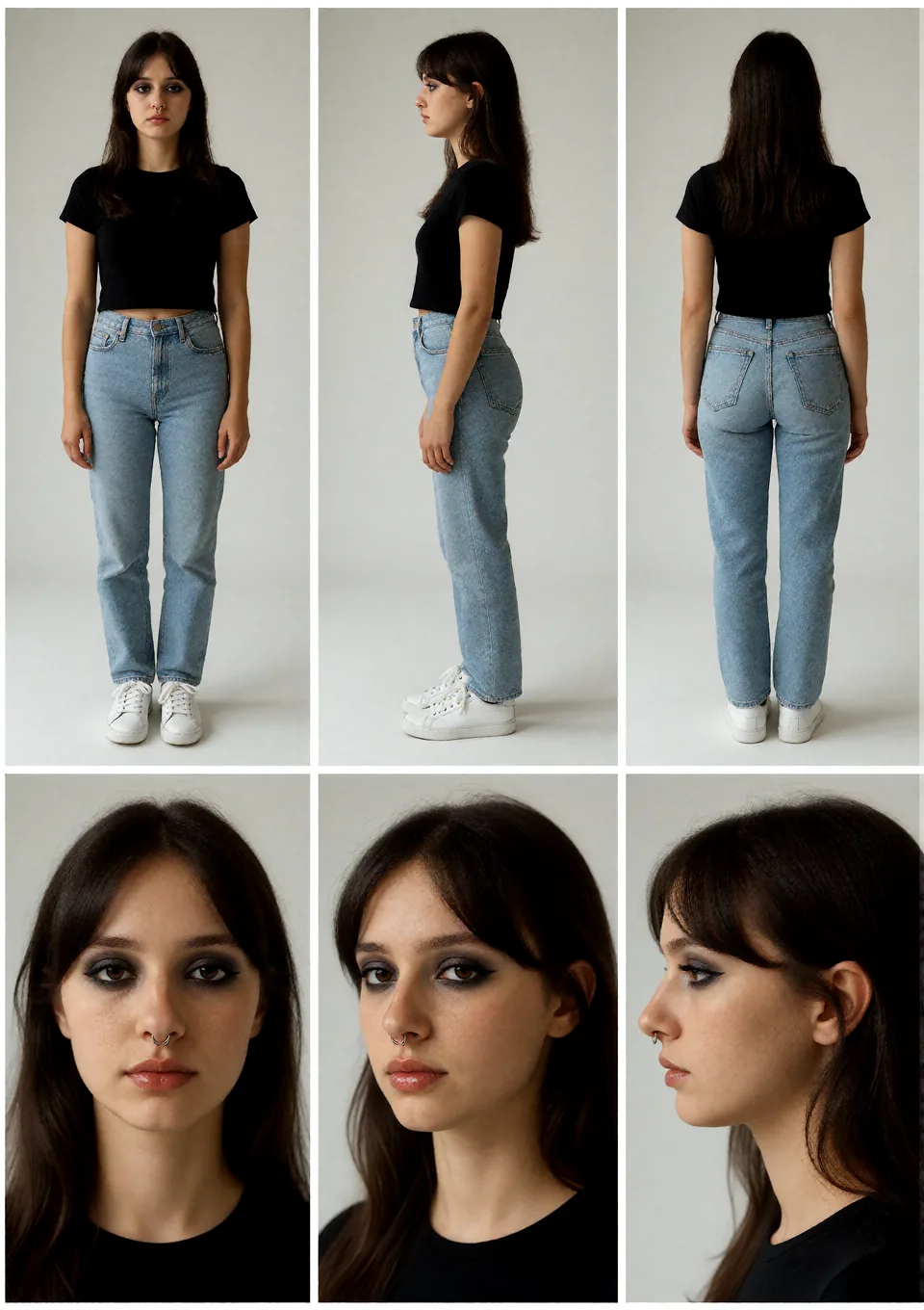 Mira’s LookKeep Cast sheet, made with AI: front, side and back full views, and three face views